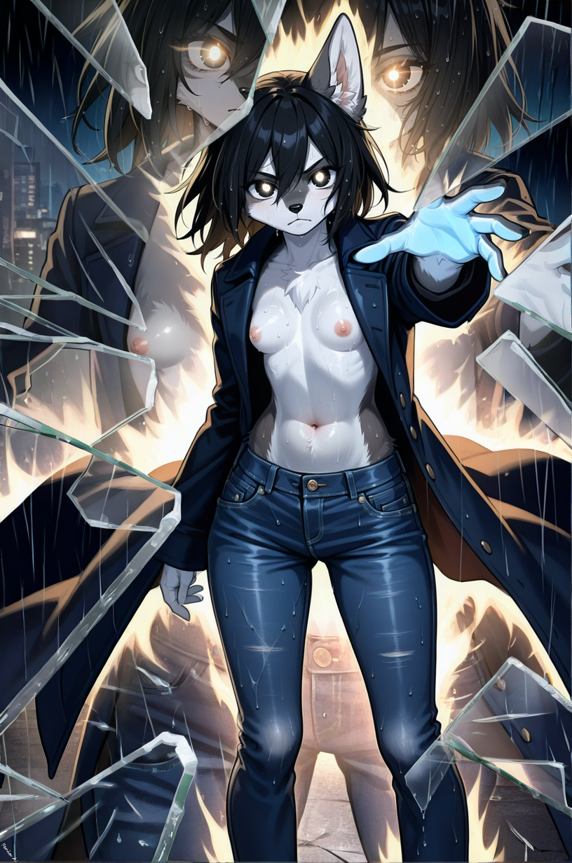 anthro aura black_eyes black_hair black_nose bottomwear breasts button_(fastener) chest_tuft city city_background clothing coat countershading denim denim_clothing female fur glass glass_surface glowing glowing_eyes hair inner_ear_fluff jeans magic_user multiple_angles navel nipples outstretched_arm pants raining reaching_towards_viewer serious small_breasts solo topwear trenchcoat tuft wet wet_body wet_fur wet_hair white_body white_fur fenix_ai canid canine canis mammal wolf hi_res