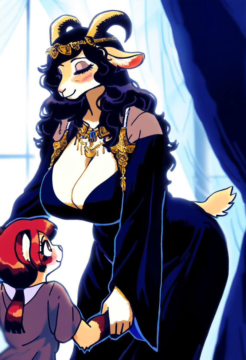 anthro big_breasts black_clothing black_dress black_hair breasts cleavage clothed clothing crown dress duo female hair jewelry makeup off_shoulder royalty majorfluffy_(director) bovid caprine felid goat mammal sheep hi_res tagme