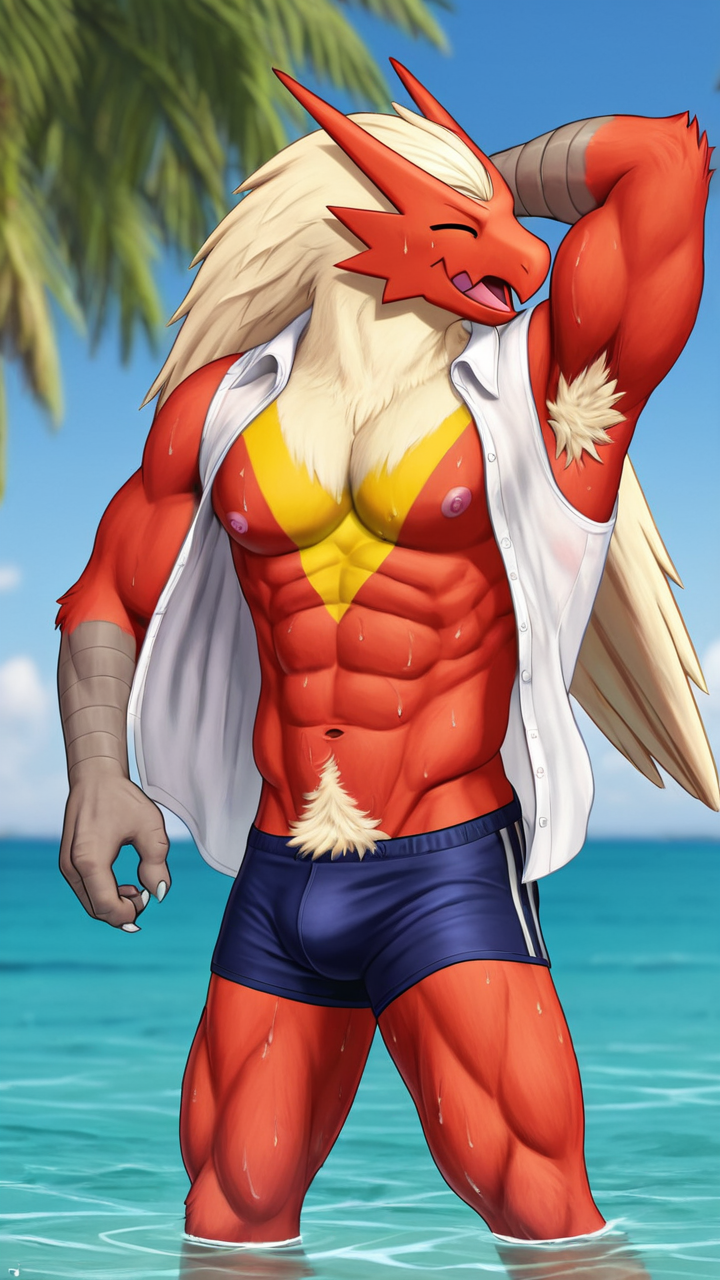 abs anthro armpit_hair armpit_showing beach biceps bodily_fluids body_hair clothed clothing eyes_closed hands_behind_head happy happy_trail male muscular muscular_male nintendo open_clothing open_shirt open_topwear outdoors pecs pubes raised_arm raised_arms red_body scuted_arms scutes sea seaside shirt solo sweat sweaty sweaty_body swimwear topwear water bigboyblaziken blaziken generation_3_pokemon pokemon_(species) hi_res