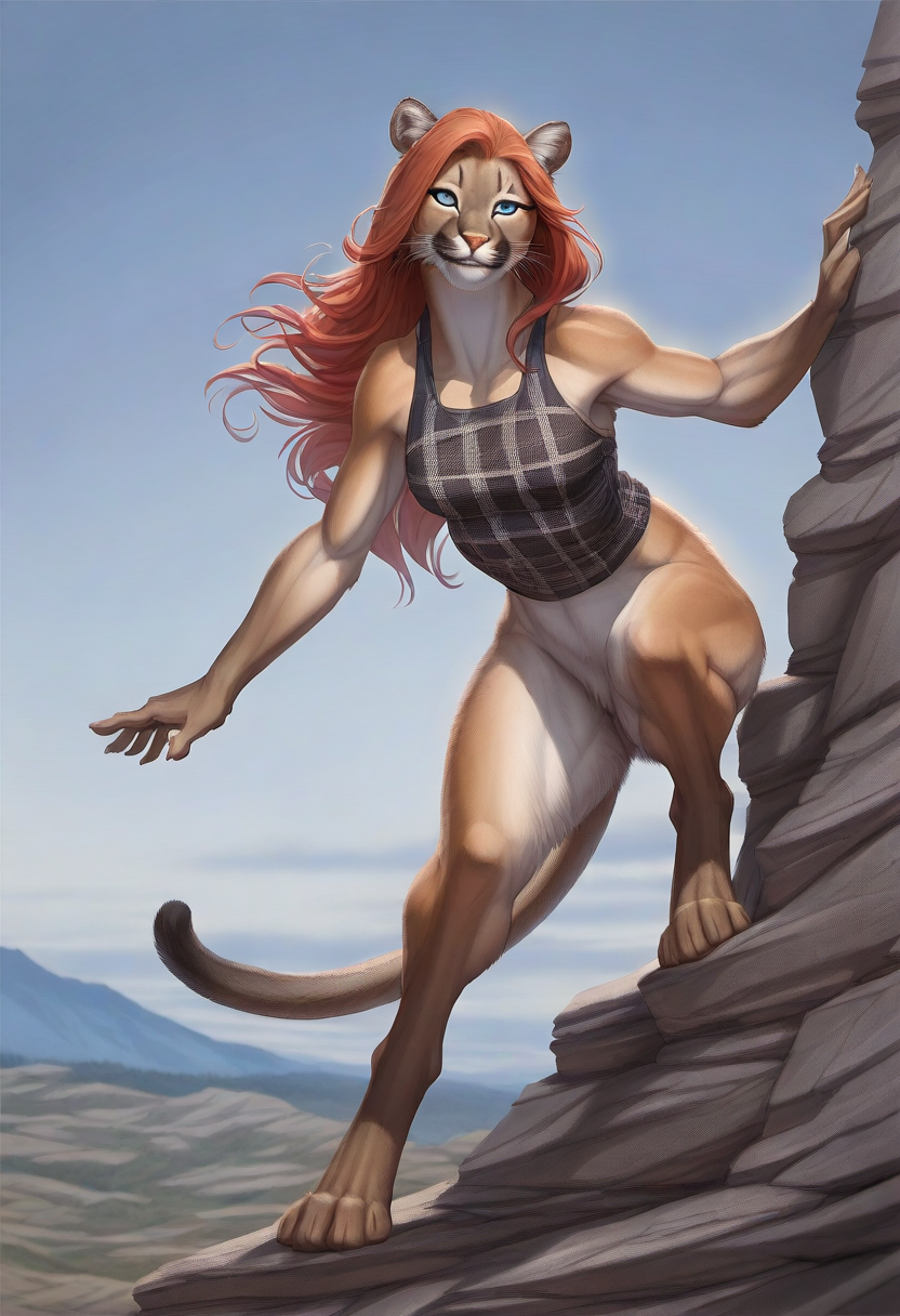 anthro bottomless cliff climbing clothed clothing digitigrade female fur hair long_hair looking_at_viewer mountains nude red_hair shirt smile solo standing tan_body tan_fur tasteful_nudity teal_eyes topwear director_crashbandit cougar felid feline mammal pantherine hi_res novelai