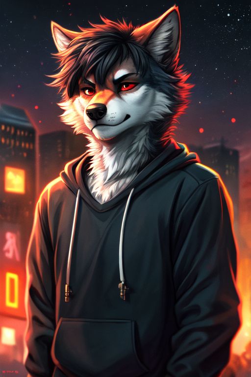 anthro black_body black_clothing black_fur black_hair black_nose black_sweater black_topwear city city_background clothing fur hair male neon neon_lights red_eyes sky solo star starry_sky sweater topwear white_body white_fur shadowai_(director) canid canine canis mammal wolf