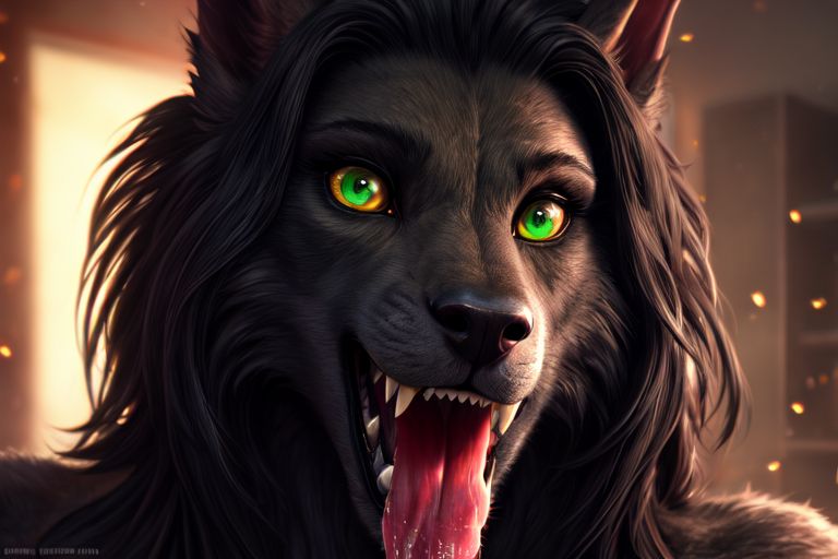 anthro black_body black_fur blizzard_entertainment close-up female fur green_eyes looking_at_viewer solo tongue tongue_out warcraft world_of_warcraft kauket kauket_blackmoore canid canine mammal were werecanid werecanine worgen