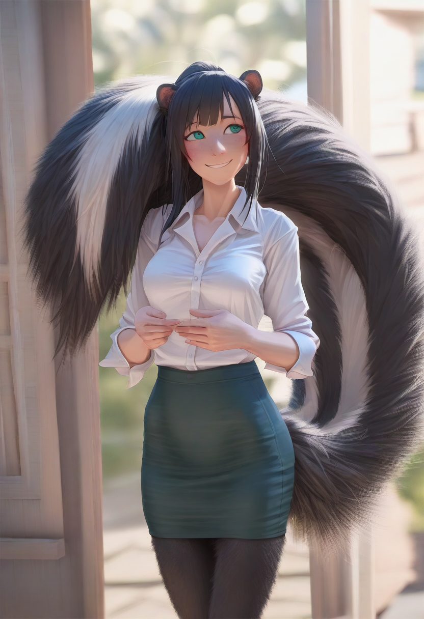 anthro black_body black_fur black_hair bottomwear clothed clothing digitigrade female fur hair hair_bun light long_hair outside plant shirt skirt smile solo standing sunlight teal_eyes topwear wall_(structure) director_crashbandit animal_humanoid humanoid mammal mammal_humanoid mephitid mephitid_humanoid skunk skunk_humanoid hi_res novelai