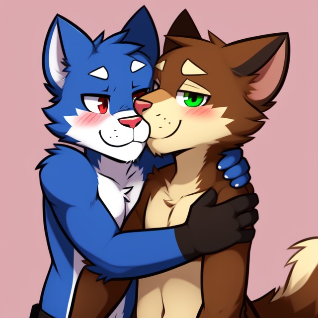 anthro blue_body blue_fur brown_body brown_fur duo frosting.ai fur green_eyes male male/male red_eyes romantic romantic_couple solo candougie five_nights_at_candy's five_nights_at_freddy's popgoes_(game) candy_(fnac) popgoes_(character) domestic_cat felid feline felis mammal mustela mustelid musteline true_musteline