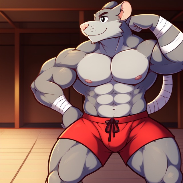 anthro bandage bottomwear clothed clothing frosting.ai fur grey_body grey_fur male muscular muscular_male red_bottomwear red_clothing red_shorts shorts solo candougie rhei_rat mammal murid murine rat rodent