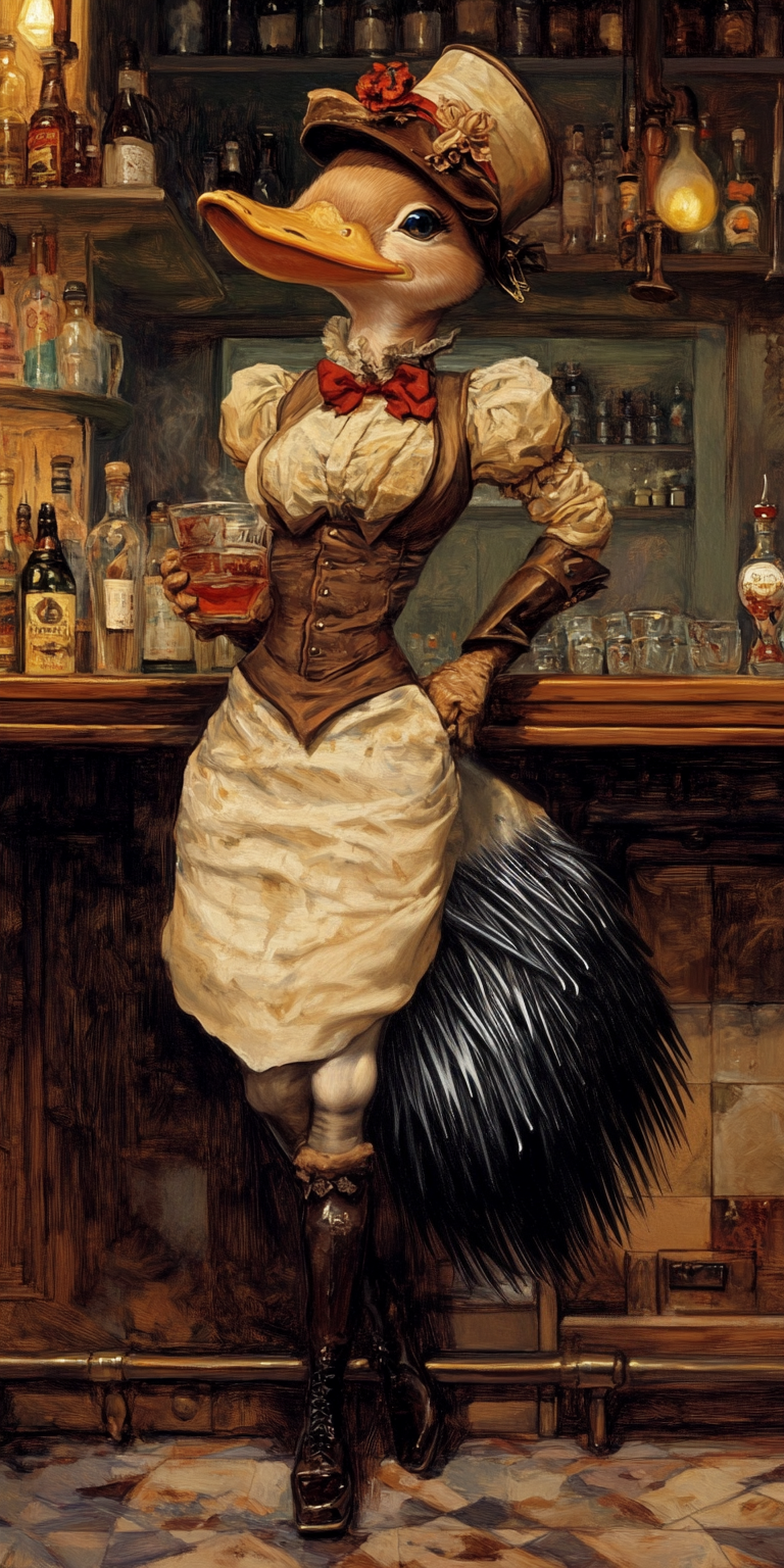 alcohol anthro bar beverage boots bottle bowtie clothing container corset cup dress drinking_glass female footwear glass glass_container glass_cup hat headgear headwear lingerie solo topwear bahufaru herfle_(bahufaru) mammal monotreme platypus hi_res