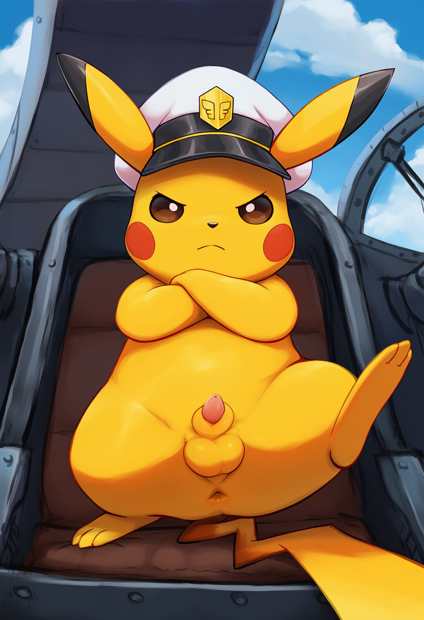 aircraft animal_genitalia anus clothing cloud crossed_arms feral fur genitals hat headgear headwear looking_at_viewer male one_leg_up penis penis_tip presenting raised_leg sheath sky solo spread_legs spreading standing tapering_penis vehicle yellow jomisa nintendo pokemon captain_pikachu generation_1_pokemon pikachu pokemon_(species) hi_res
