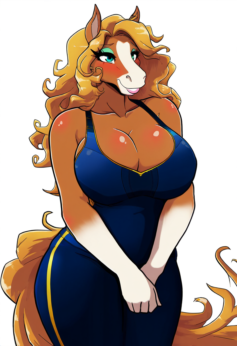 anthro big_breasts bodysuit breasts cleavage clothed clothing eyeshadow female makeup skinsuit solo thick_thighs tight_clothing wide_hips draft_horse equid equine horse mammal hi_res