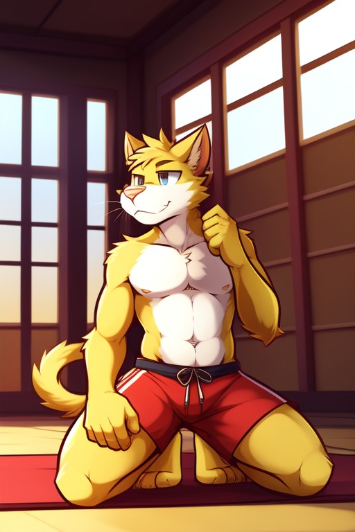 anthro bottomwear clothing frosting.ai fur gray_eyes male shorts solo yellow_body yellow_fur candougie brutal_paws_of_fury psycho_kitty domestic_cat felid feline felis mammal