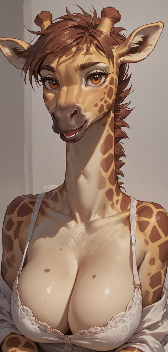 anthro bra breasts cleavage clothed clothing female fur horn long_neck looking_at_viewer ossicone smile solo spots underwear redstallion_(director) giraffe giraffid mammal hi_res