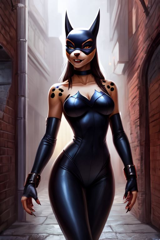 alley anthro big_breasts breasts clothing cosplay costume dc_comics detailed_background female mask small_waist solo tight_clothing wide_hips hellapoc batman_(series) catwoman canid canine canis dalmatian domestic_dog mammal