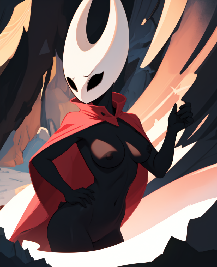 breasts cave clothing female female/female furrowed_brow medium_breasts prompt red_clothing red_robe robe slim solo stable_diffusion alcholoicidiot hornet_(hollow_knight) animal_humanoid arthropod arthropod_humanoid humanoid high_contrast