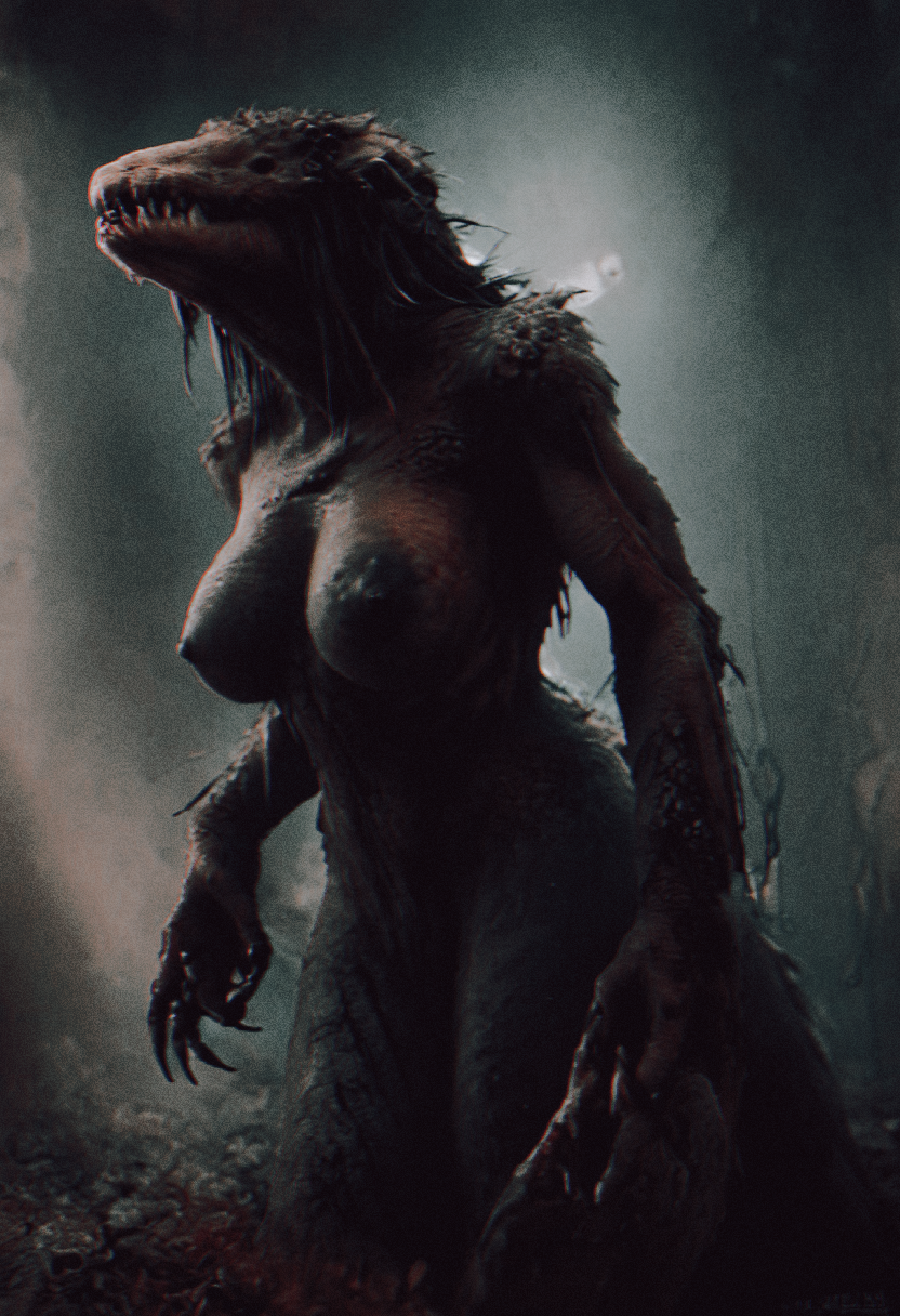 anthro bottomless breasts clothed clothing female female_anthro large_breasts nipples non-mammal_breasts nude photo photorealism realistic scp_foundation solo teeth doggyboy20 scp-682 monster reptile scalie digital_media_(artwork) hi_res