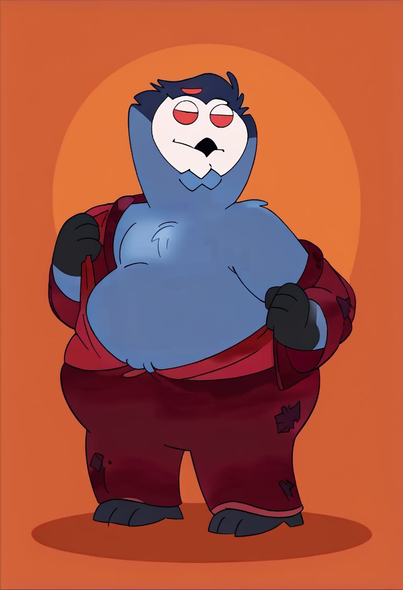 anthro bottomwear clothed clothing family_guy helluva_boss male overweight pants red_eyes robe simple_background smug solo topless undressing rulethony34tano_(director) peter_griffin stolas_(helluva_boss) avian bird hybrid owl hi_res