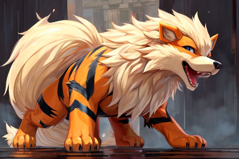 alley ambiguous_gender feral fluffy fluffy_tail fur happy looking_up neck_tuft open_mouth pokemon smile solo standing stripes tuft person111102 arcanine canid canine canis generation_1_pokemon mammal pokemon_(species)