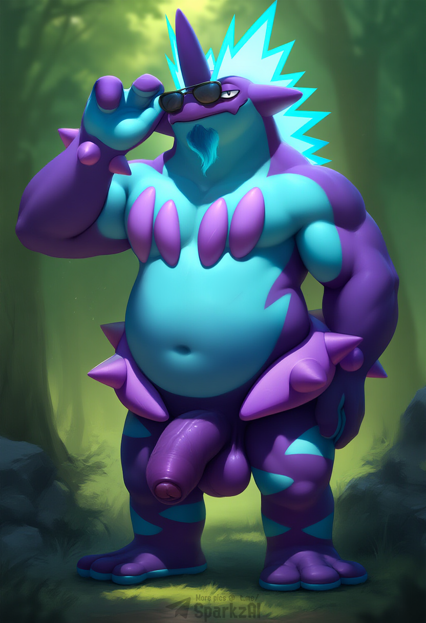 3_toes anthro balls beard belly biped blue_body detailed_background eyewear facial_hair feet fingers flaccid foreskin forest genitals goatee humanoid_genitalia humanoid_penis looking_at_viewer male musclegut navel nude outside overweight overweight_anthro overweight_male partially_retracted_foreskin penis plant purple_body smile solo standing sunglasses text toes tree sergalbutt nintendo pokemon generation_8_pokemon low_key_toxtricity pokemon_(species) toxtricity hi_res signature url