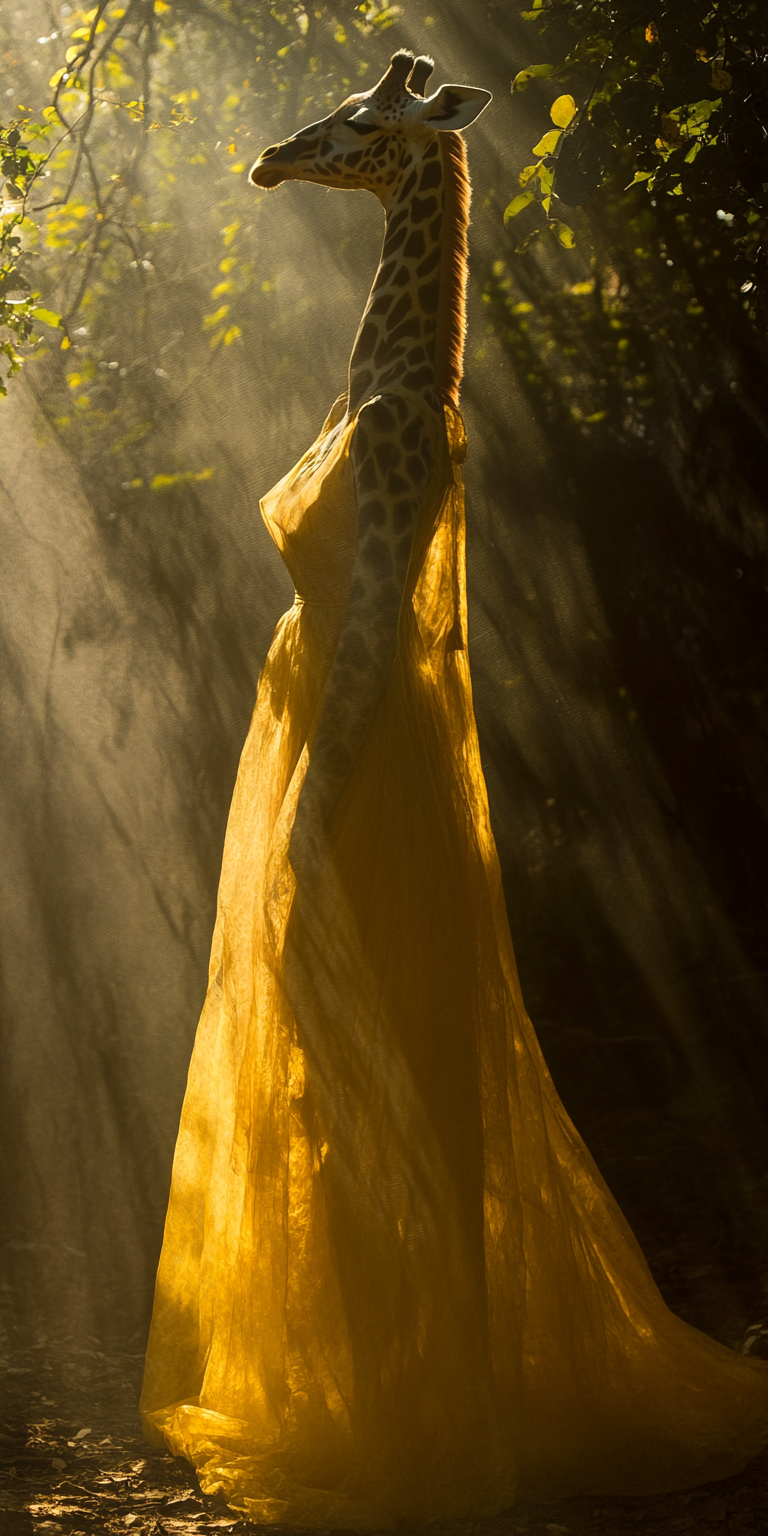 anthro clothing dress eyes_closed female forest light photorealism plant shadow silhouette solo solo_focus sundress sunlight translucent translucent_clothing tree bahufaru giraffe giraffid mammal hi_res portrait