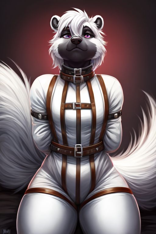 2024 2_tails anthro biped collar hair hands_behind_head male multi_tail restraints sitting solo straitjacket submissive submissive_anthro submissive_male white_hair anonymous_director mammal mephitid skunk