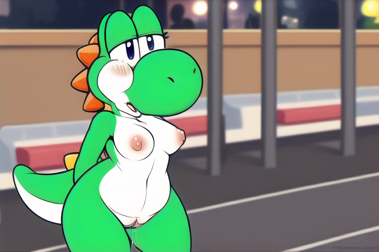 anthro blue_eyes blush bodily_fluids breasts female genital_fluids genitals green_body hands_behind_back nipples nude public public_nudity pussy pussy_juice solo lendri_mujina scalie yoshi