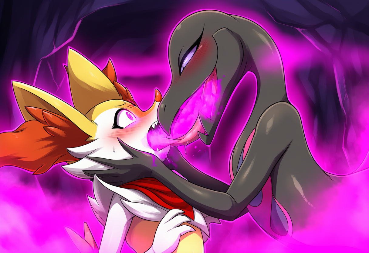 ambiguous_gender anthro aphrodisiac ascot black_body black_scales breath breath_cloud cave clothing female female/ambiguous fog fur kissing pheromones scales tongue tongue_out torch yellow_body yellow_fur stressedout nintendo pokemon braixen canid canine fox generation_6_pokemon generation_7_pokemon lizard mammal pokemon_(species) reptile salazzle scalie