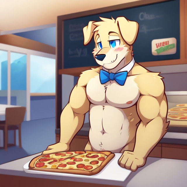 anthro blue_eyes blush bowtie five_nights_at_freddy's food fur machine male male_focus muscular muscular_anthro muscular_male pizza smile solo solo_focus tan_body tan_fur the_return_to_freddy's candougie dug_(trtf) animatronic bird_dog canid canine canis domestic_dog hunting_dog labrador mammal retriever robot