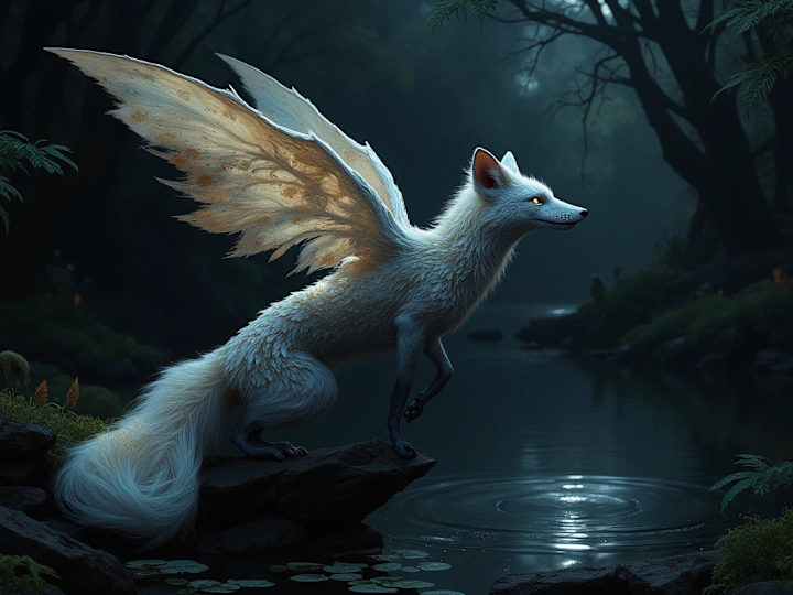 ambiguous_gender bushy_tail feral forest fur lily_pad membrane_(anatomy) membranous_wings night paws plant raised_paw ripples river solo solo_focus tree water white_body white_fur white_wings wings yellow_eyes valendier canid canine fennec fox mammal