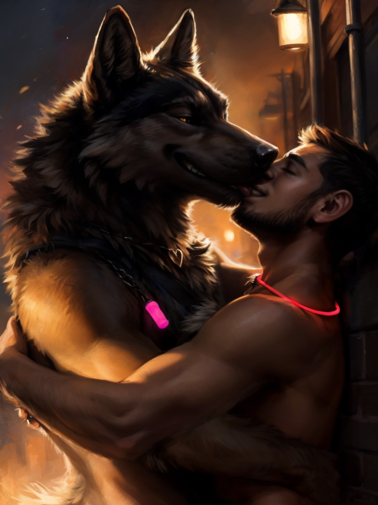 alley anthro black_lips black_nose collar_tag duo facial_hair fluffy glowstick glowstick_bracelet heart_collar_tag hugging human_on_anthro inner_ear_fluff interspecies jewelry kissing leaning_on_wall lips looking_at_another looking_at_partner love male male/male male_on_anthro male_on_human necklace outside passionate rave tuft keebler canid canine canis human mammal wolf