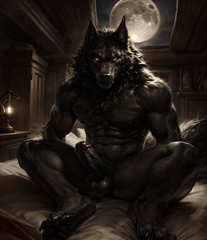 abs anthro balls bed bedroom black_balls black_body black_claws black_fur black_lips black_nose black_penis bushy_tail cabin cheek_tuft chest_tuft claws ears_up erection facial_tuft full_moon fur furniture genitals humanoid_genitalia humanoid_penis inner_ear_fluff intense_gaze lamp lantern lips looking_at_viewer male moon muscular muscular_male neck_tuft nipples pawpads paws penis solo spread_legs spreading tuft yellow_eyes keebler canid canine canis mammal were werecanid werecanine werewolf wolf