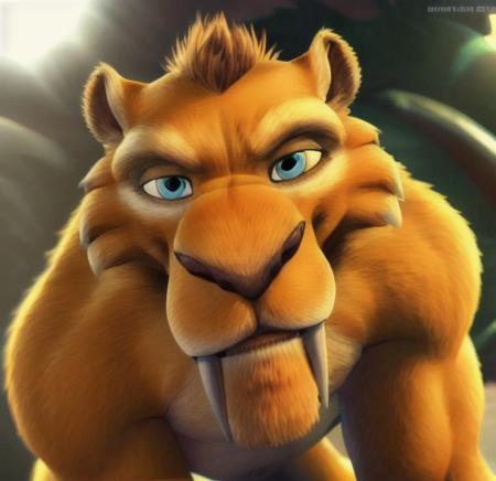 anthro blue_eyes cheek_tuft facial_tuft looking_at_viewer male muscular solo teeth tuft unknown_director diego_(ice_age) felid machairodontine mammal low_res