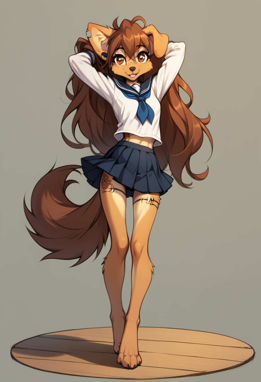 anthro bottomwear breasts clothing female happy looking_at_viewer miniskirt pose school_uniform skirt small_breasts solo standing tattoo uniform foxlover7796 apogee_(tinygaypirate) canid canine canis domestic_dog mammal hi_res