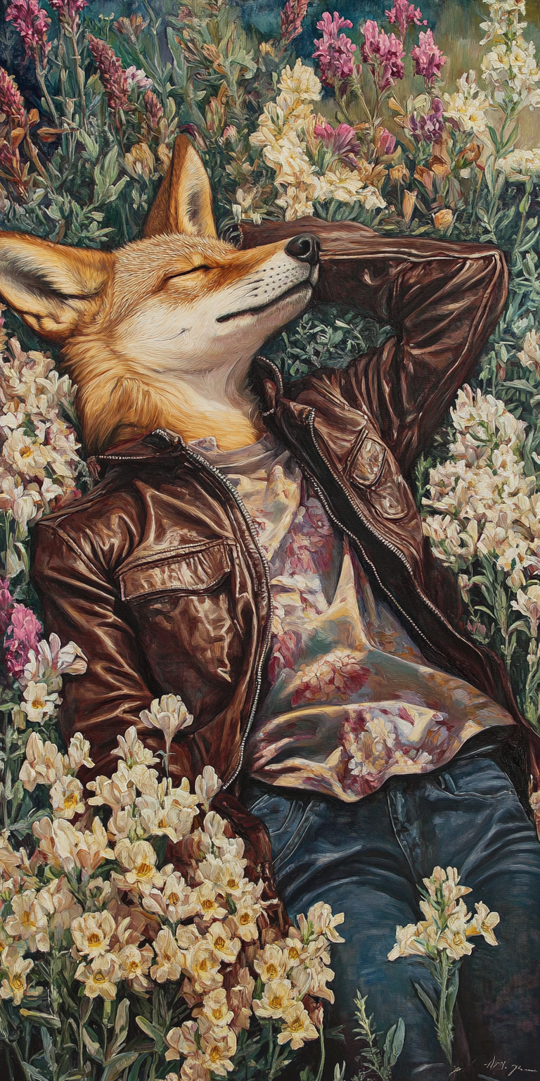 anthro asleep bottomwear clothing denim denim_clothing female flat_chested floral_background flower_field jacket jeans leather leather_clothing leather_jacket leather_topwear pants shirt solo topwear bahufaru canid canine canis coyote mammal hi_res