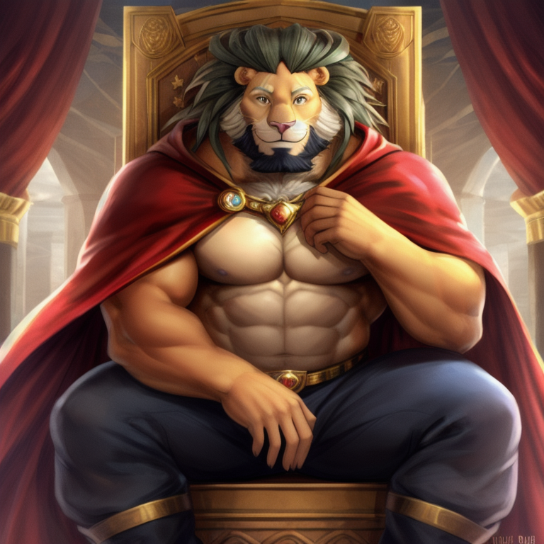 abs anthro bottomwear cape chair clothed clothing curtains furniture gem hair inside jewelry looking_at_viewer male mane muscular muscular_anthro muscular_male nipples pants pecs sitting solo solo_focus throne tokyo_afterschool_summoners video_games teren0894 arsalan felid lion mammal pantherine attempted_signature character_name