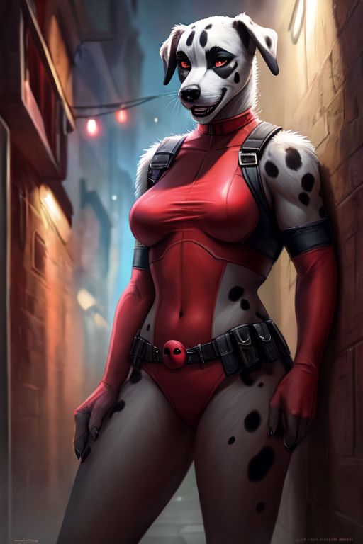 alley anthro armwear bare_shoulders belt big_breasts bodypaint breasts clothing cosplay costume detailed_background elbow_gloves face_paint female gloves handwear leg_markings markings navel small_waist solo squish thick_thighs thigh_markings thigh_squish wide_hips hellapoc canid canine canis dalmatian domestic_dog mammal