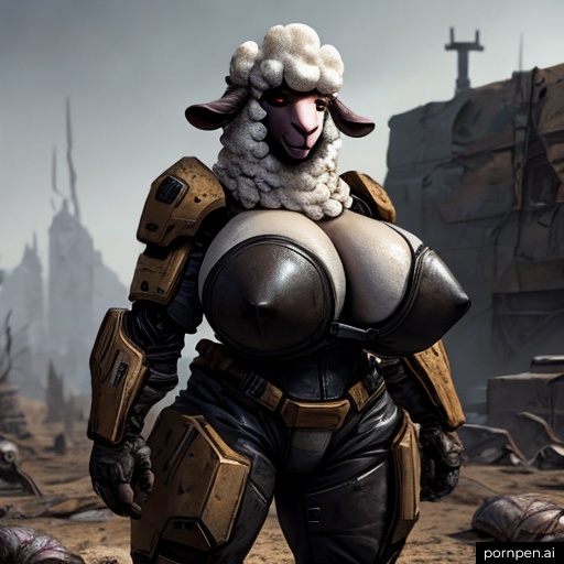 abandoned anthro big_breasts breasts building cleavage clothed clothing day female fingers fur machine nipple_outline outside pornpen.ai power_armor red_eyes solo wasteland white_body white_fur cow_of_fire bovid caprine mammal sheep 1:1