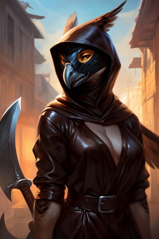 anthro axe bardiche belt brown_body brown_feathers clothing coat feathers female hood leather leather_clothing leather_hood leather_topwear mask melee_weapon polearm solo topwear weapon bahufaru camila_hawk_(bahufaru) accipitrid accipitriform avian bird