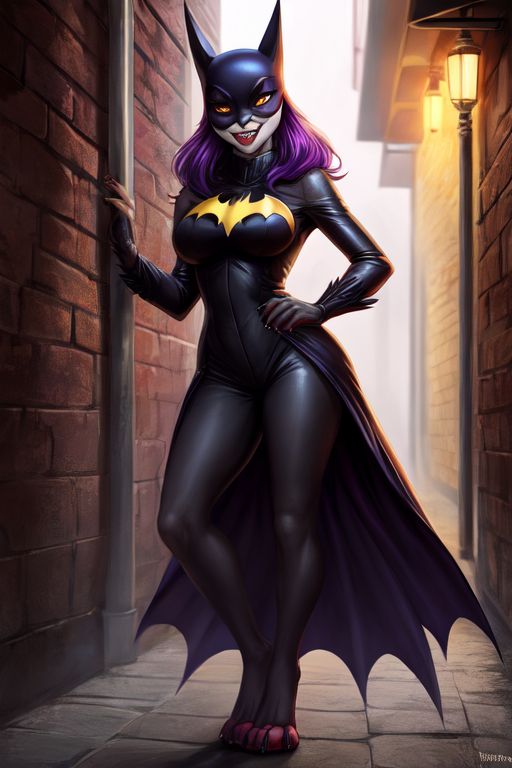 alley anthro big_breasts breasts cape clothing cosplay costume dc_comics detailed_background female mask small_waist solo tight_clothing wide_hips hellapoc batman_(character) canid canine canis dalmatian domestic_dog mammal