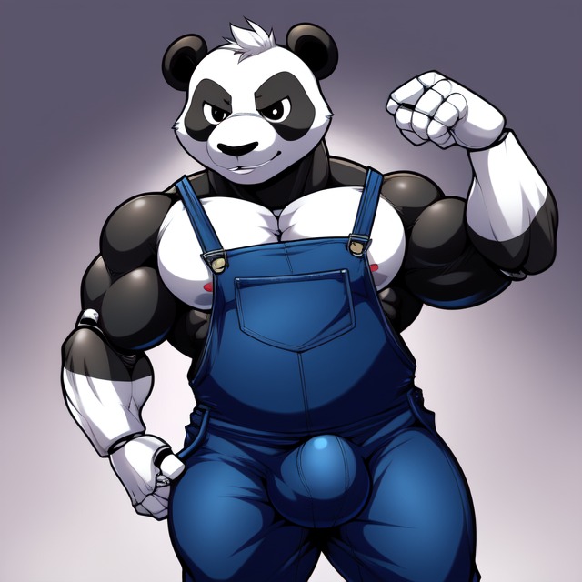 anthro bara clothing frosting.ai male multicolored_body muscular overalls solo two_tone_body candougie five_nights_at_maggie's peter_(fnam) giant_panda mammal ursid ursine