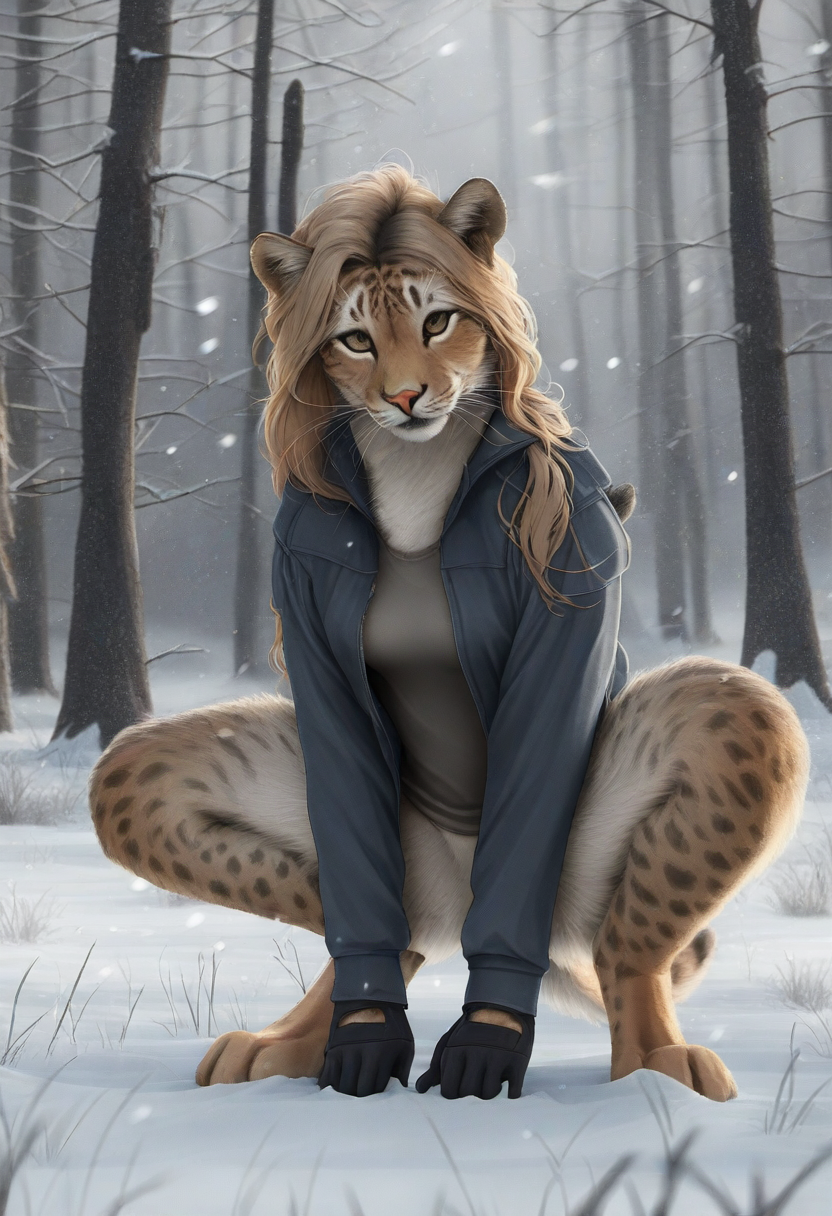 ai_tagging_(redrocket) anthro barefoot black_clothing blonde_hair blue_clothing blue_topwear bottomless breasts brown_hair clothed clothing crouching detailed_background digitigrade feet female forest fur gloves golden_eyes hair handwear jacket long_hair looking_at_viewer markings outside pink_nose plant shirt smile snow solo spots spotted_body spotted_fur spread_legs spreading tail tan_body tan_fur toes topwear tree tuft whiskers white_body white_fur director_crashbandit felid feline lynx mammal pantherine digital_media_(artwork) hi_res novelai