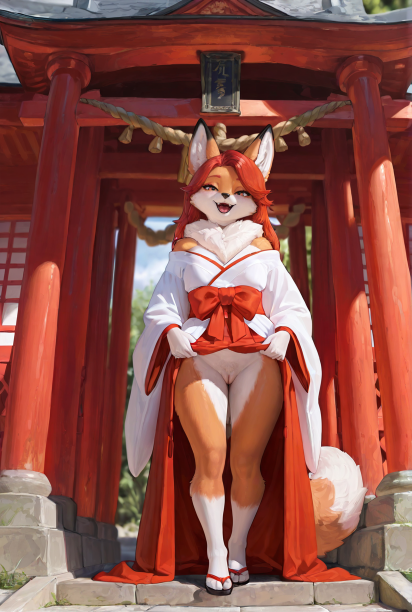 anthro bottomless clothed clothing clothing_lift female footwear genitals happy looking_at_viewer open_mouth open_smile pussy sandals shrine shrine_maid_dress shrine_maiden smile solo standing denis0k canid canine fox mammal hi_res