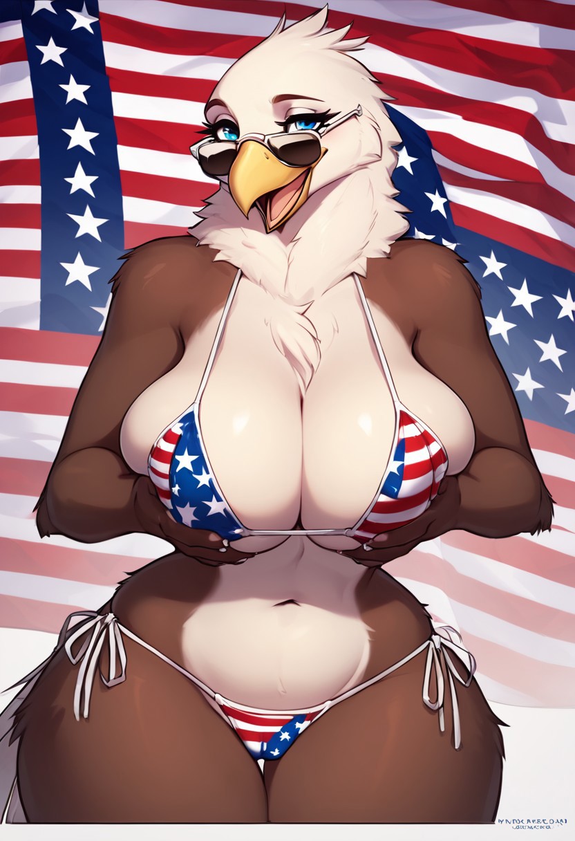 american_flag_bikini anthro big_breasts bikini breasts clothing female happy solo stars_and_stripes swimwear united_states_of_america wide_hips nokk accipitrid accipitriform avian bird eagle hi_res