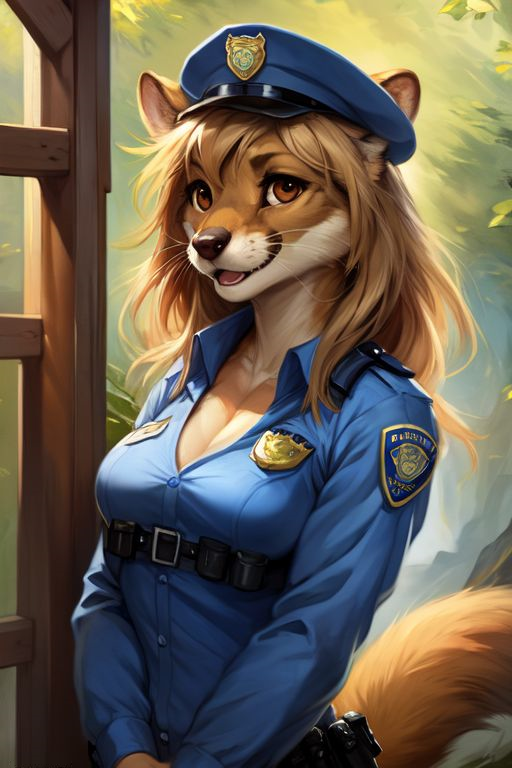 anthro blonde_hair breasts brown_eyes cleavage clothed clothing female fur hair police police_badge police_hat police_officer police_uniform smile solo tan_body tan_fur uniform mindry krissah_(mindry) herpestid mammal mongoose