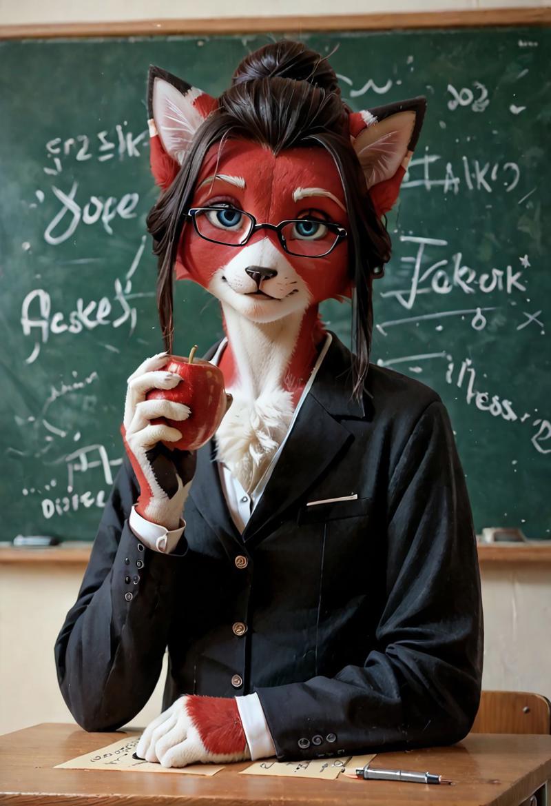 anthro apple black_hair black_nose blue_eyes chalkboard chest_tuft classroom clothing desk eyewear female fur furniture glasses hair hair_bun looking_at_viewer machine paper red_body red_fur school school_uniform solo table teacher tuft two-tone_body uniform white_body white_fur ironwolfsaber ara animal_humanoid cat_humanoid domestic_cat felid felid_humanoid feline feline_humanoid felis humanoid mammal mammal_humanoid