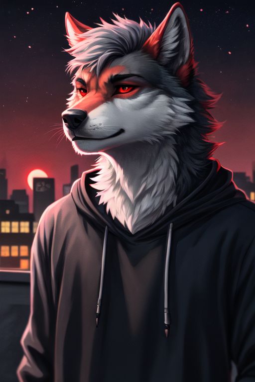 anthro black_nose blood_moon city city_background fur glowing_red grey_body grey_fur hair male neutral_expression red_eyes redwolff117 solo white_body white_fur white_hair canid canine canis mammal wolf