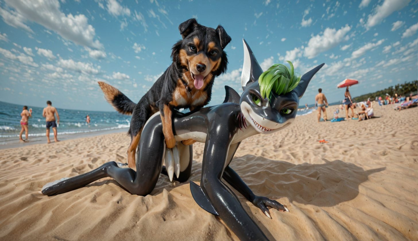 2_penises anal anal_penetration animal_genitalia animal_penis anthro beach bestiality claspers doggystyle duo feral from_behind_position genitals green_eyes green_hair hair humping male male/male multi_genitalia multi_penis penetration penis public public_sex sea seaside sex smile smug smug_face water alvos canid canine canis domestic_dog fish mammal marine shark
