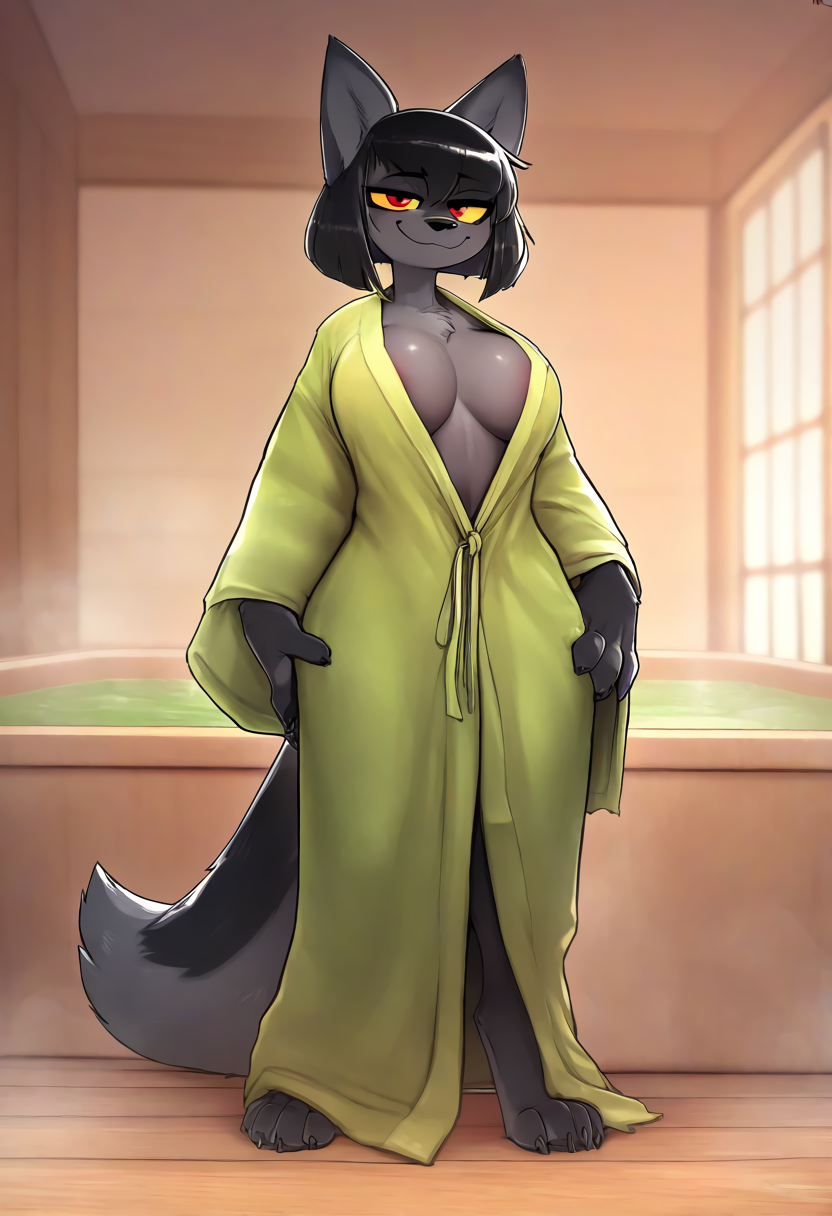 anthro areola areola_slip bathrobe bathtub biped black_body black_fur black_hair bob_cut breasts cleavage clothed clothing female fur green_clothing grey_body grey_fur hair hands_on_hips looking_at_viewer multicolored_body multicolored_fur no_underwear red_eyes robe smile solo standing tail two_tone_body two_tone_fur yellow_sclera busahou canid canine mammal hi_res