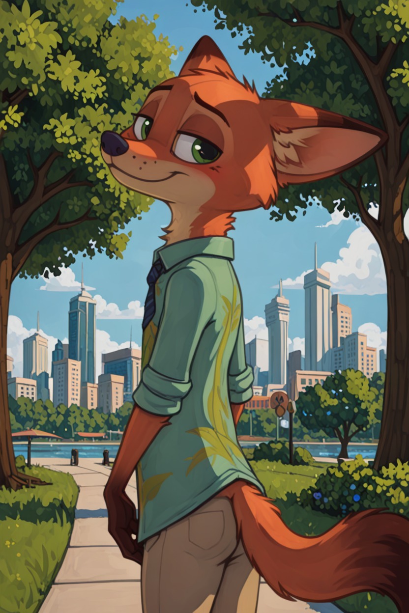 anthro blush city city_background clothing disney fur green_eyes head_tilt looking_at_viewer looking_back male plant pockets presenting smile smiling_at_viewer solo angry_puppy zootopia nick_wilde canid canine fox mammal hi_res