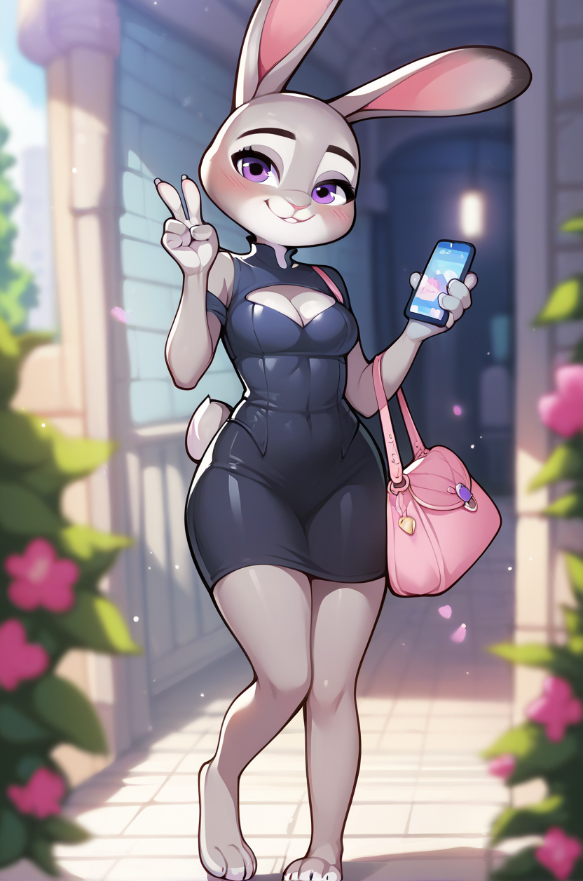 anthro blush breasts cleavage clothed clothing ears_up female flower gesture holding_object latex_clothing light looking_at_viewer outdoors phone plant purse smile solo sunlight tight_clothing v_sign zootopia tiny_mint judy_hopps lagomorph leporid mammal rabbit hi_res