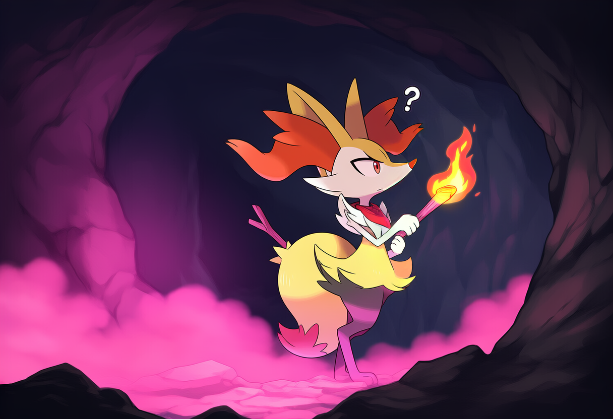 ambiguous_gender anthro aphrodisiac ascot cave clothing fog fur pheromones solo torch yellow_body yellow_fur stressedout nintendo pokemon braixen generation_6_pokemon pokemon_(species)