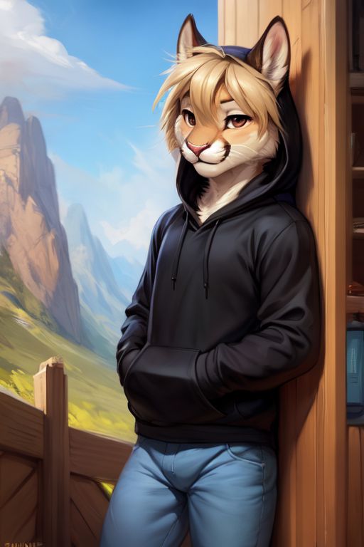 anthro blonde_hair bottomwear brown_eyes clothing denim denim_clothing fur hair hands_in_both_pockets hoodie jeans male pants smile solo tan_body tan_fur topwear mindry heath_(mindry) cougar felid feline mammal