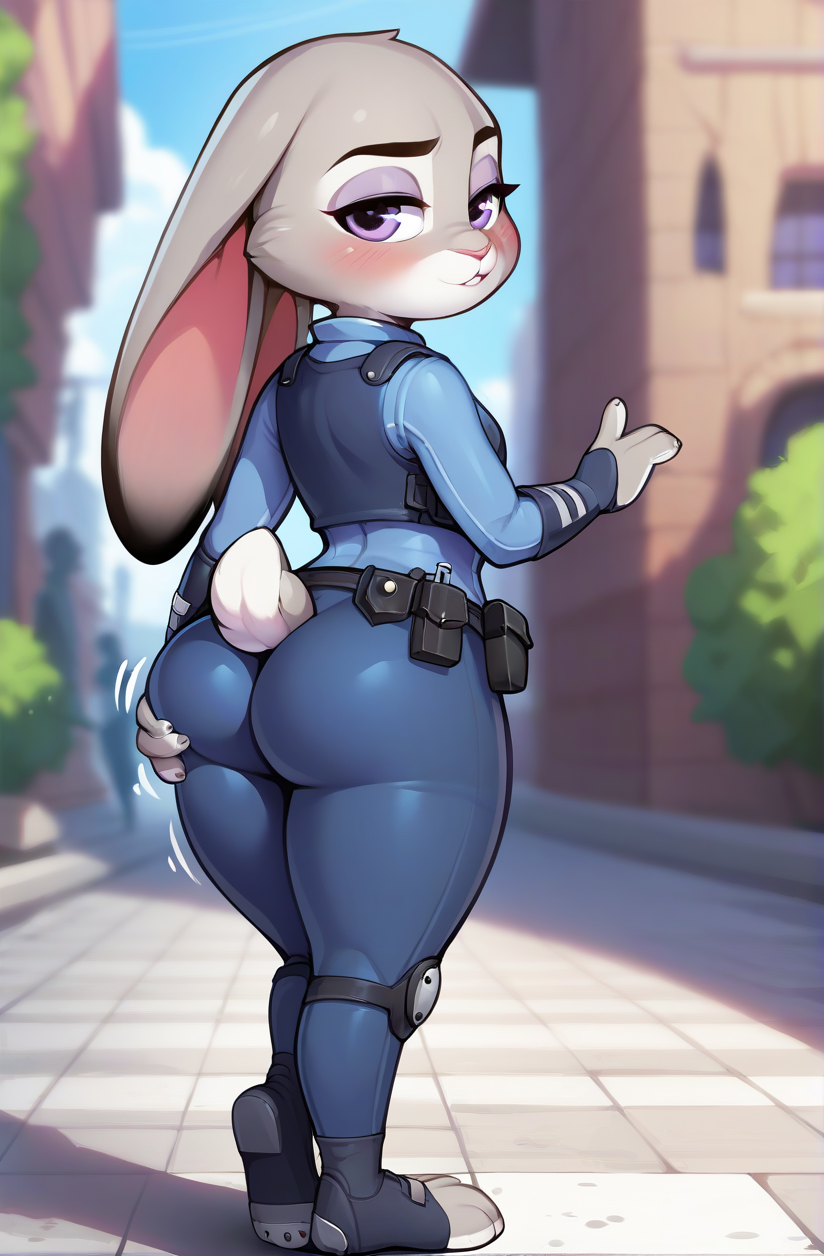 anthro bite biting_lip blush bubble_butt butt city city_background clothed clothing ears_up female fully_clothed hand_on_butt holding_butt looking_at_viewer looking_back looking_back_at_viewer outdoors police_uniform presenting presenting_hindquarters rear_view solo spread_butt spreading suggestive tight_clothing uniform zootopia tiny_mint judy_hopps lagomorph leporid mammal rabbit hi_res